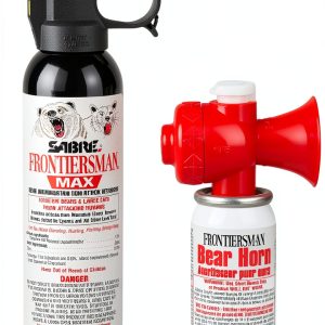 Sabre Frontiersman MAX 9.2 oz. Bear & Mountain Lion Attack Deterrent, Up to 40 ft Range, Contains 2% Major Capsaicinoids + Frontiersman Bear Horn (FBH-LT-AMZ) Kit, Glow-in-The-Dark Safety-0