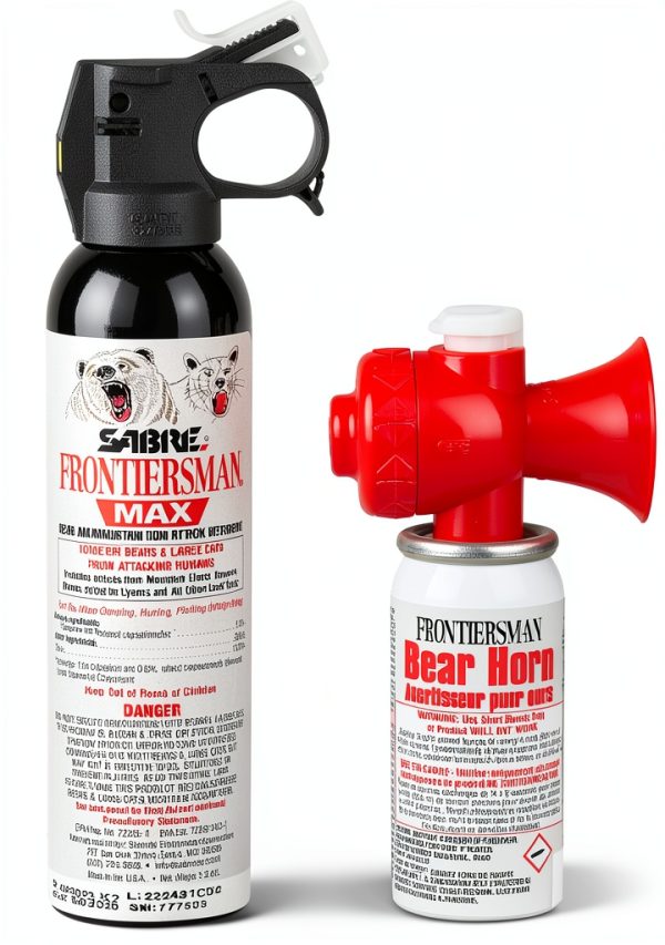 Sabre Frontiersman MAX 9.2 oz. Bear & Mountain Lion Attack Deterrent, Up to 40 ft Range, Contains 2% Major Capsaicinoids + Frontiersman Bear Horn (FBH-LT-AMZ) Kit, Glow-in-The-Dark Safety-0